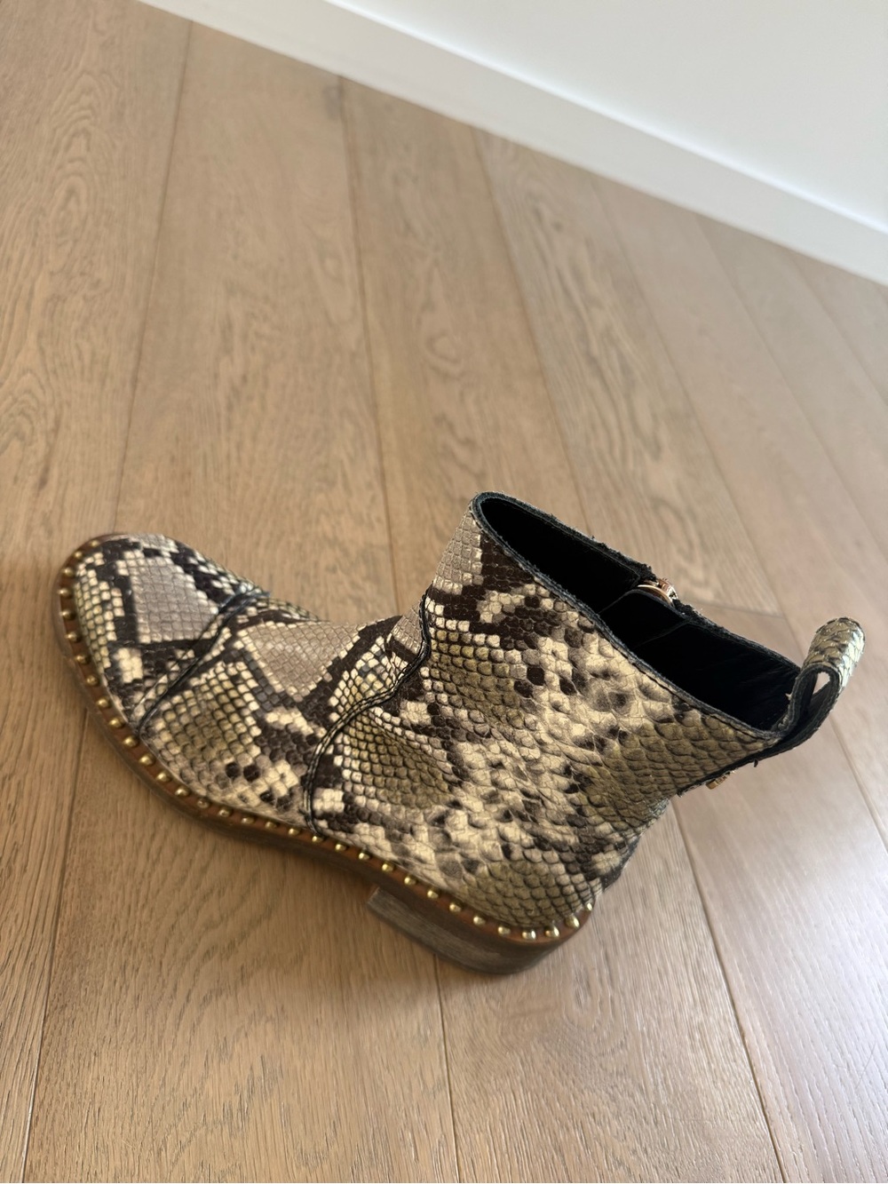 Zadig & Voltaire Snake-Print Ankle Boot in Beige and Black with Gold Studs
